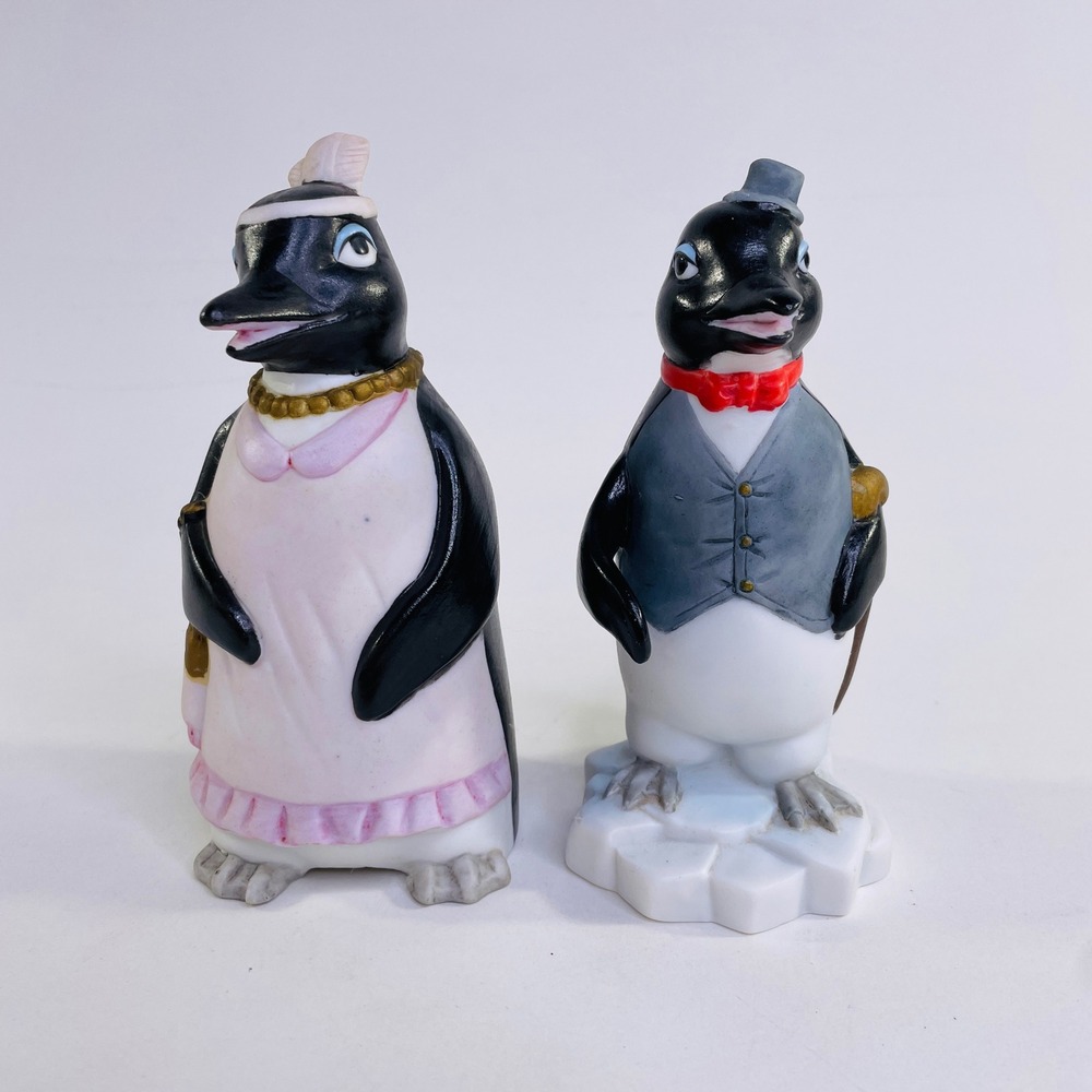 Vintage 1984 Aldon Porcelain Penguin Figurine Set Bell Tuxedo Pink Dress 5 Inch